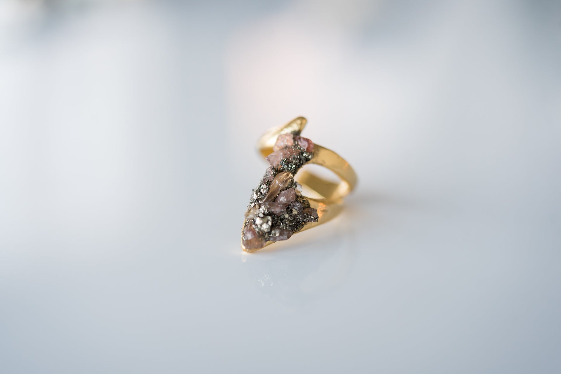 072 - Gold Plated Pyrite & Strawberry Quartz Adjustable Ring - Size 7+