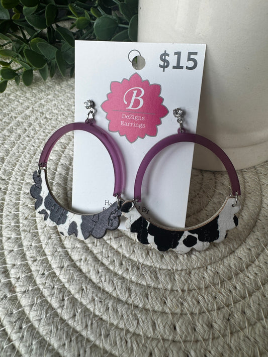 071 - Plum Hoop & Scalloped Cowhide Statement Earrings
