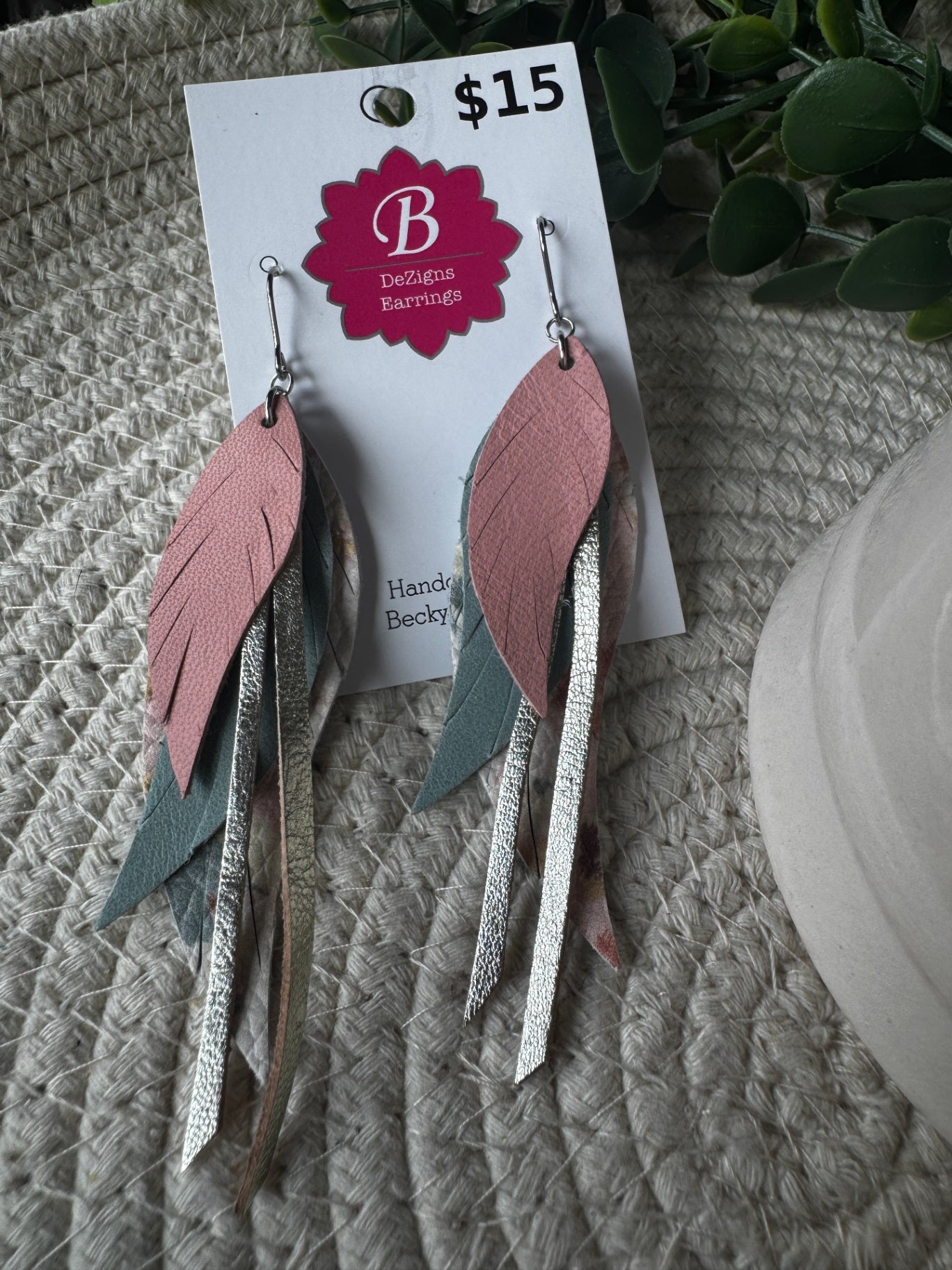 071 - Leather Floral Feathers Dangle Earrings 