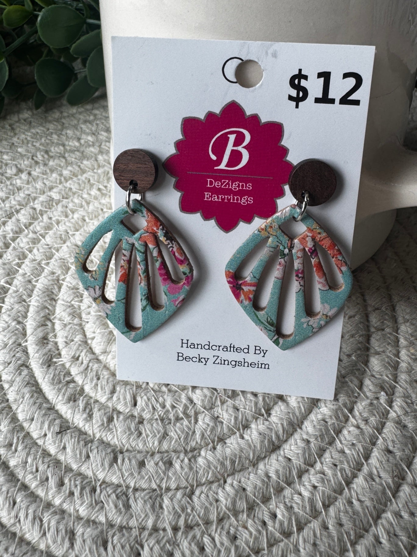 071 - Teal Garden Lattice Wooden Fan Dangle Earrings