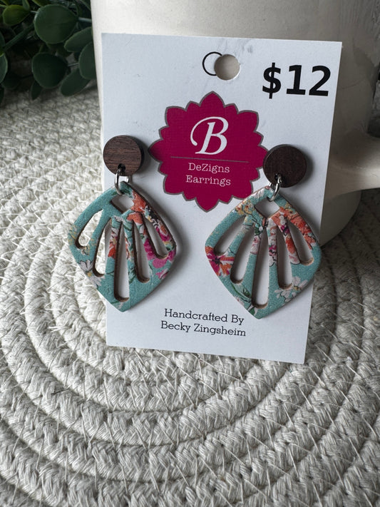071 - Teal Garden Lattice Wooden Fan Dangle Earrings