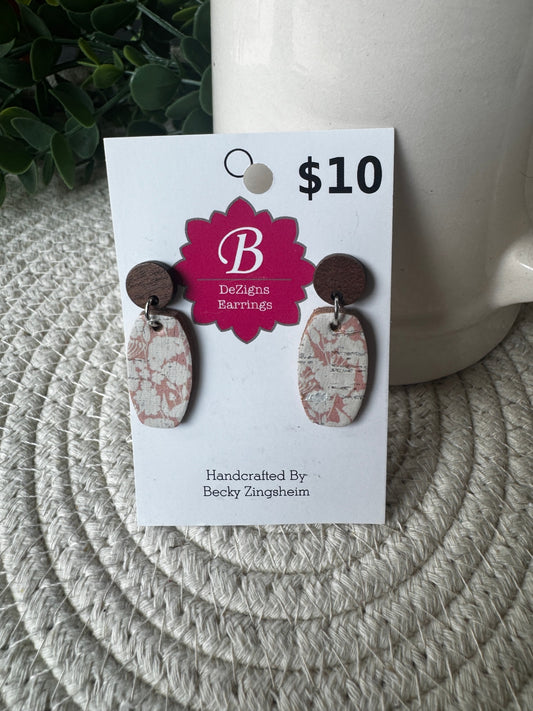 071 - Vintage Romance Floral Cork & Wood Oval Earrings