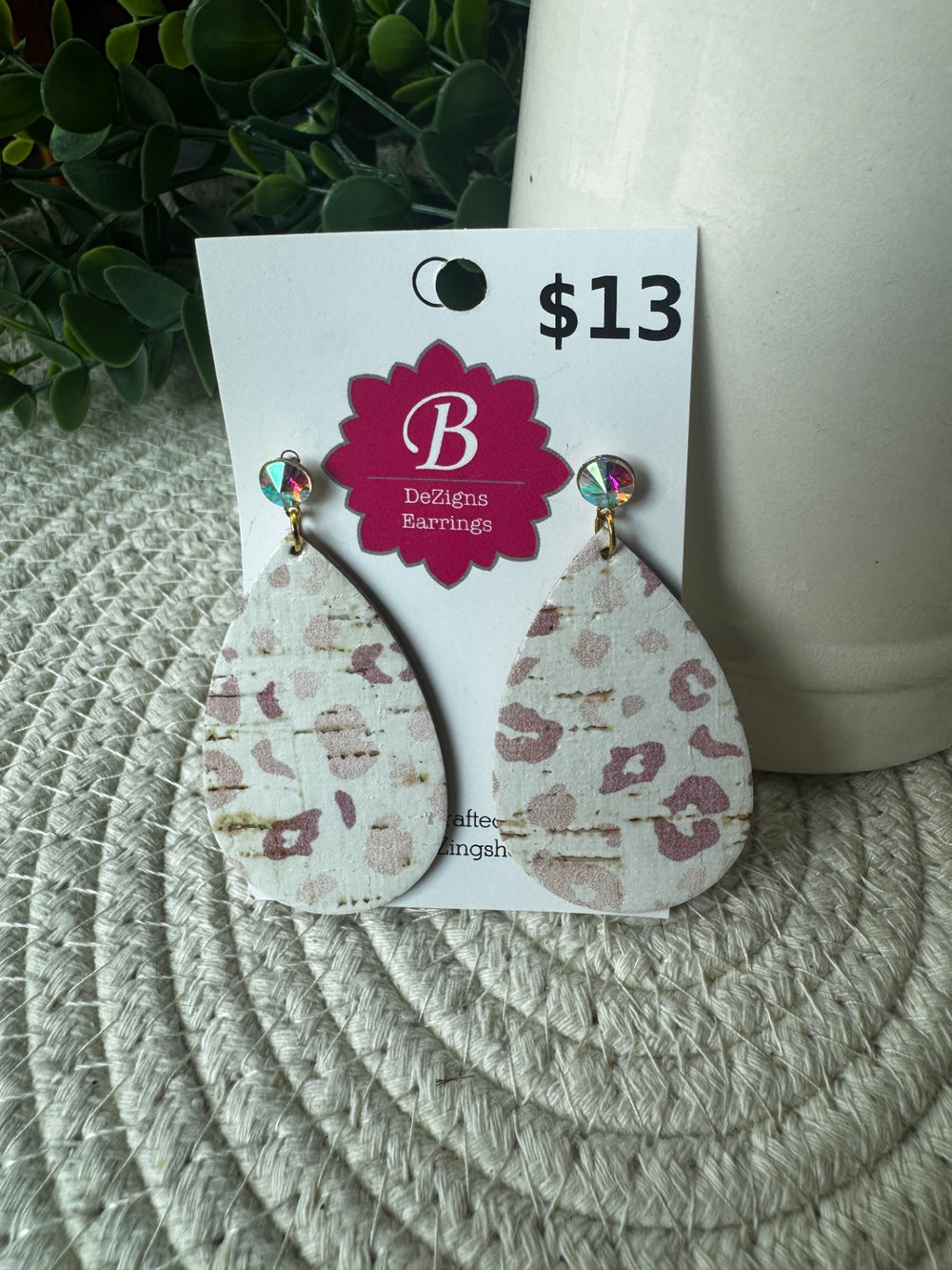 071 - Blush Leopard Cork & Iridescent Crystal Teardrop Earrings