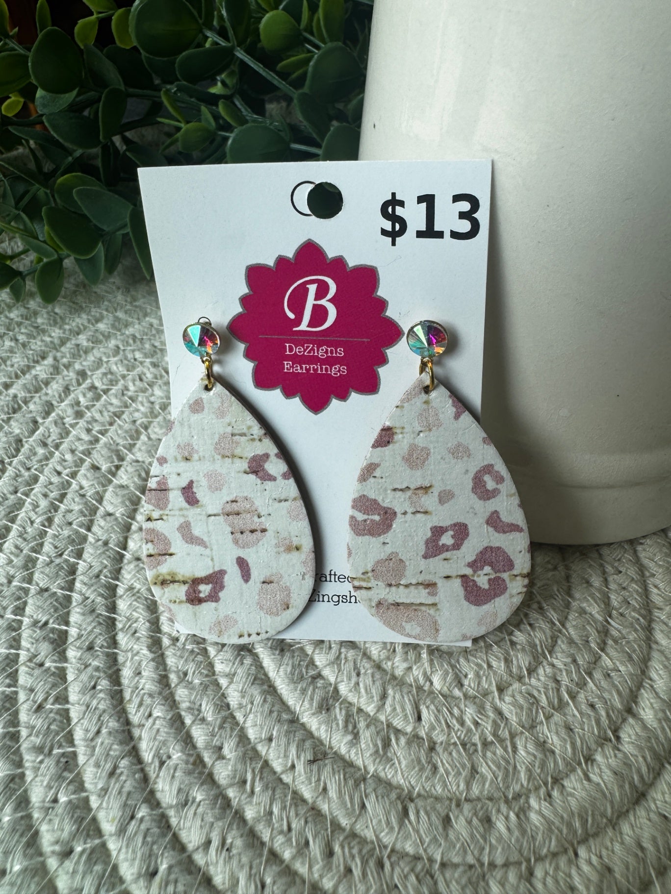 071 - Blush Leopard Cork & Iridescent Crystal Teardrop Earrings