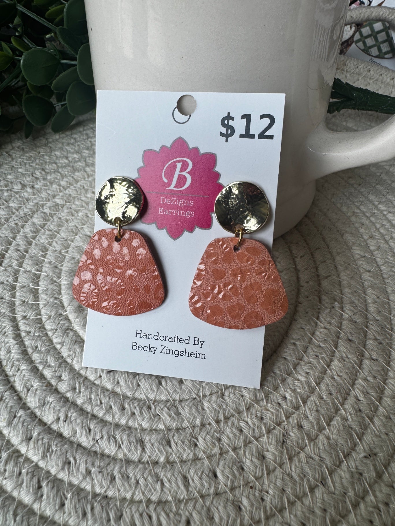 071 - Terracotta Embossed Leather & Gold Hammered Disc Earrings