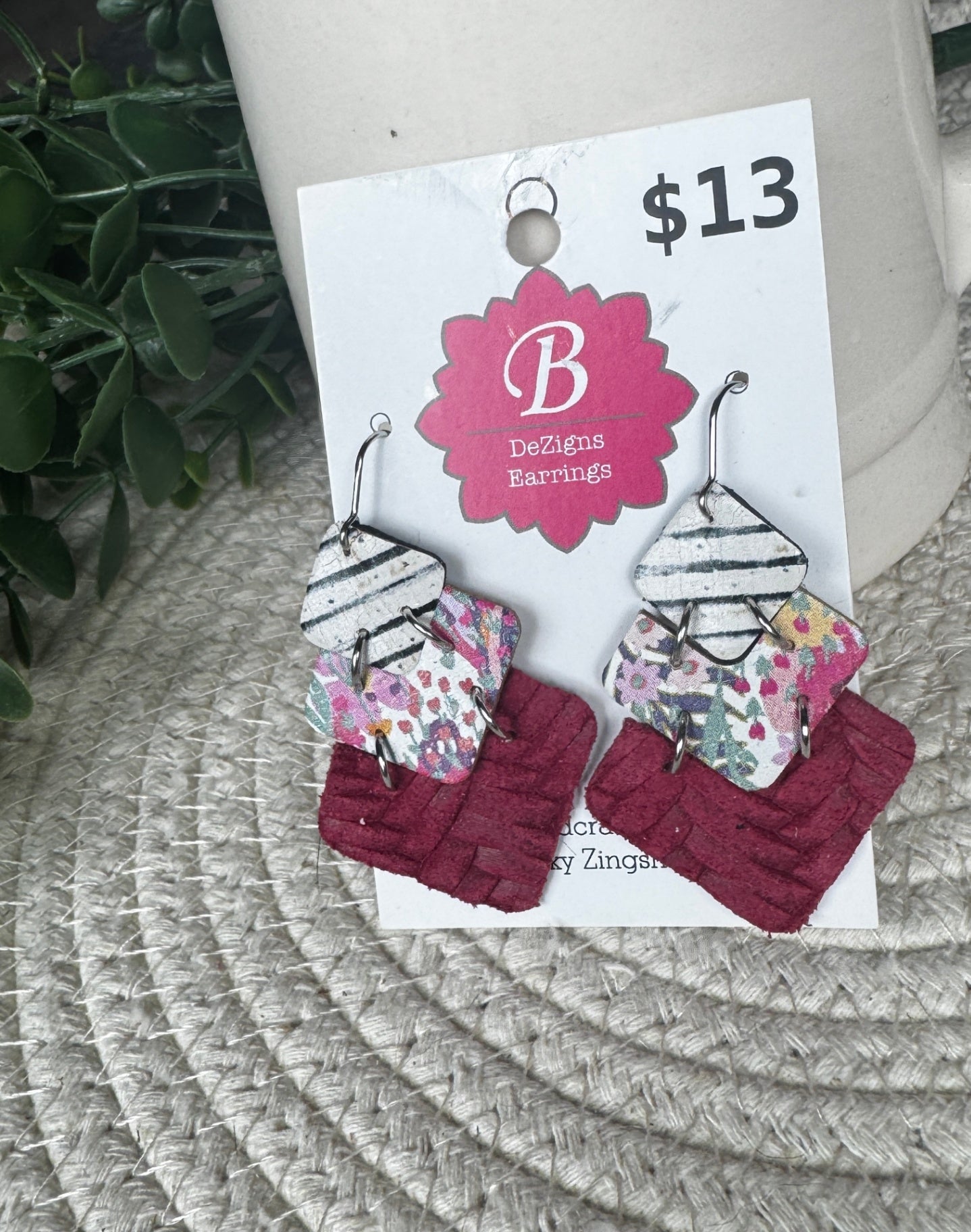 071 - Boho Mosaic Three-Tier Diamond Leather Dangles
