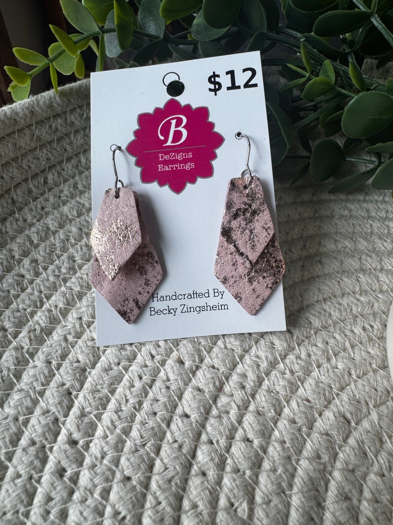 071 - Blush Metallic Splatter Layered Diamond Leather Earrings