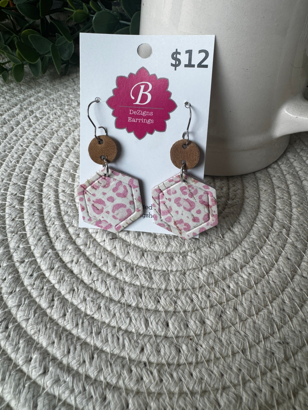 071 - Pretty in Pink Hexagon Leopard Cork & Leather Earrings