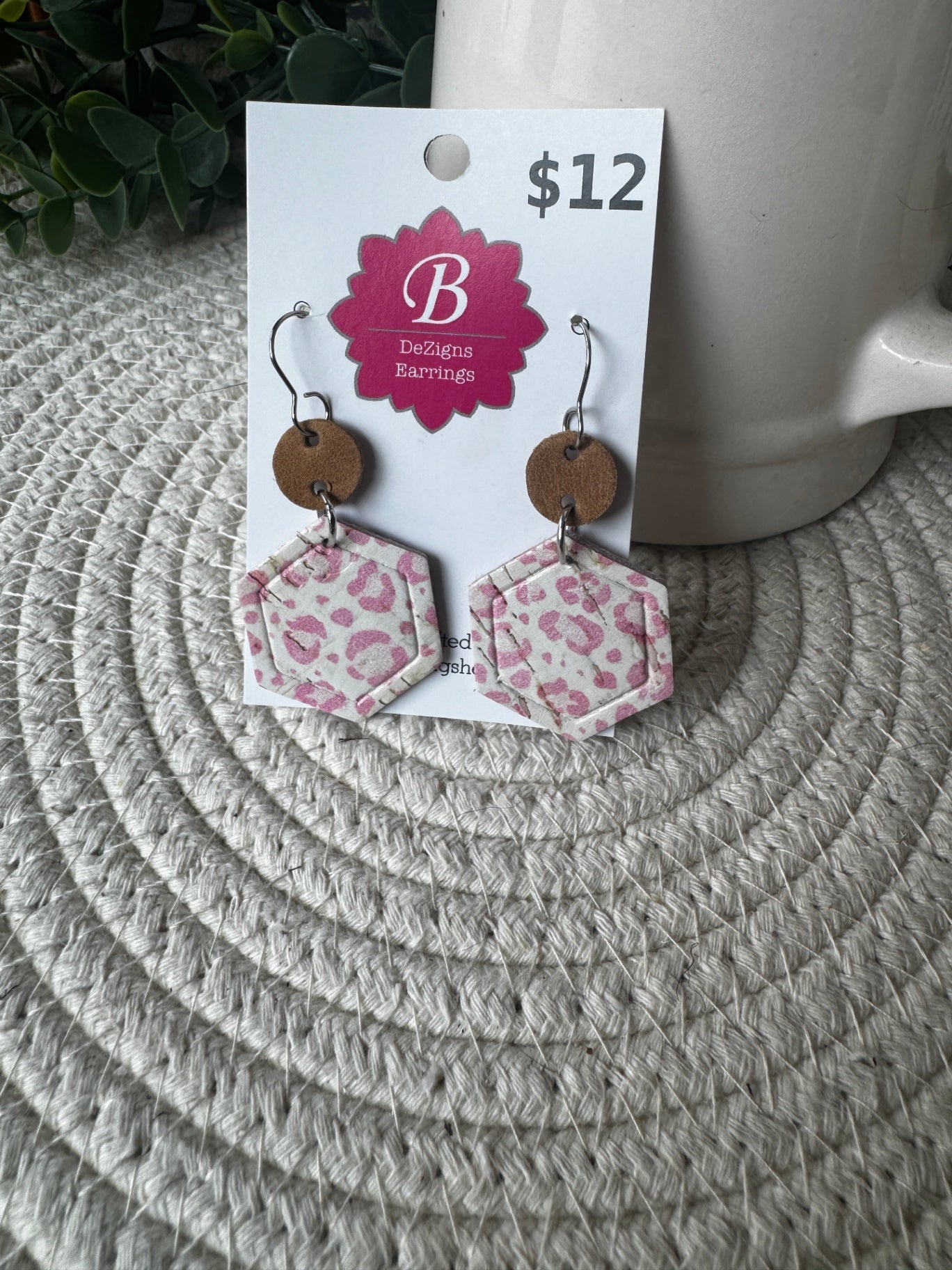 071 - Pretty in Pink Hexagon Leopard Cork & Leather Earrings
