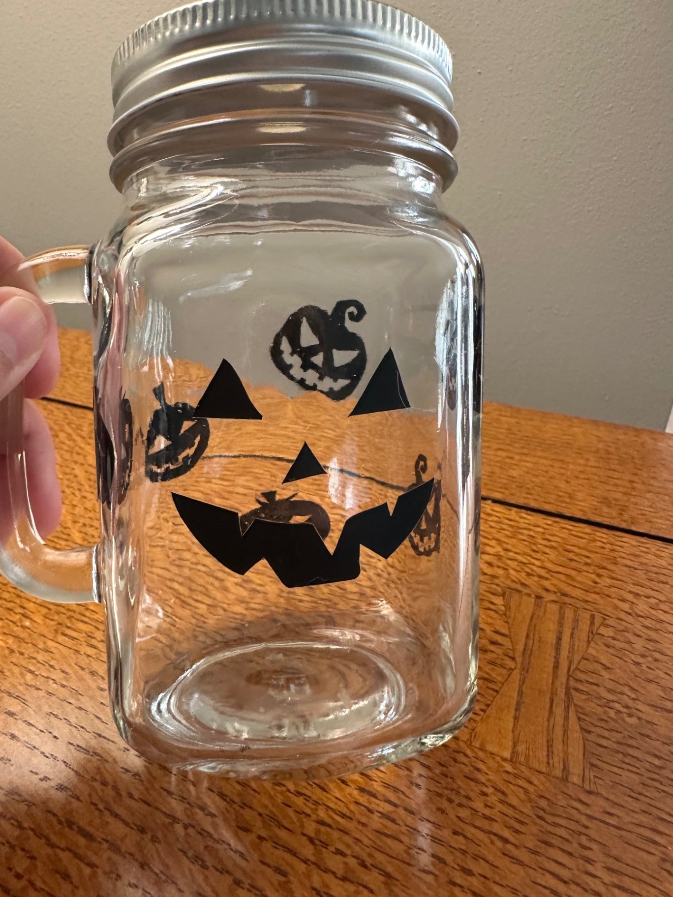 059 - Pumpkin Themed Glass Mason Jar Mug
