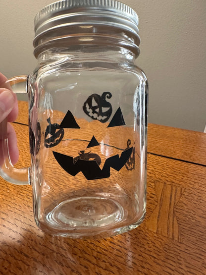 059 - Pumpkin Themed Glass Mason Jar Mug