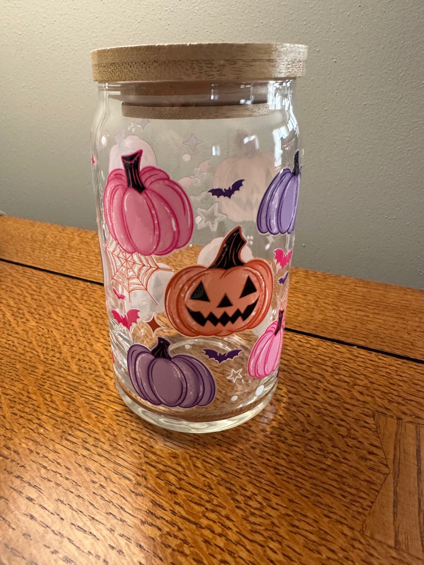 059 - Girlie Halloween Pumpkin 16oz Glass Can Cup with Straw