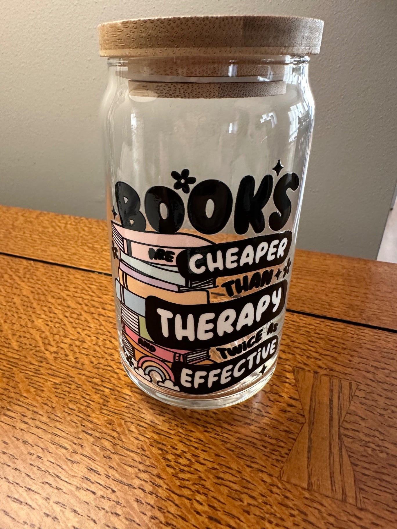059 - Books are Cheaper Than Therapy' 16oz Glass Can Cup with Straw