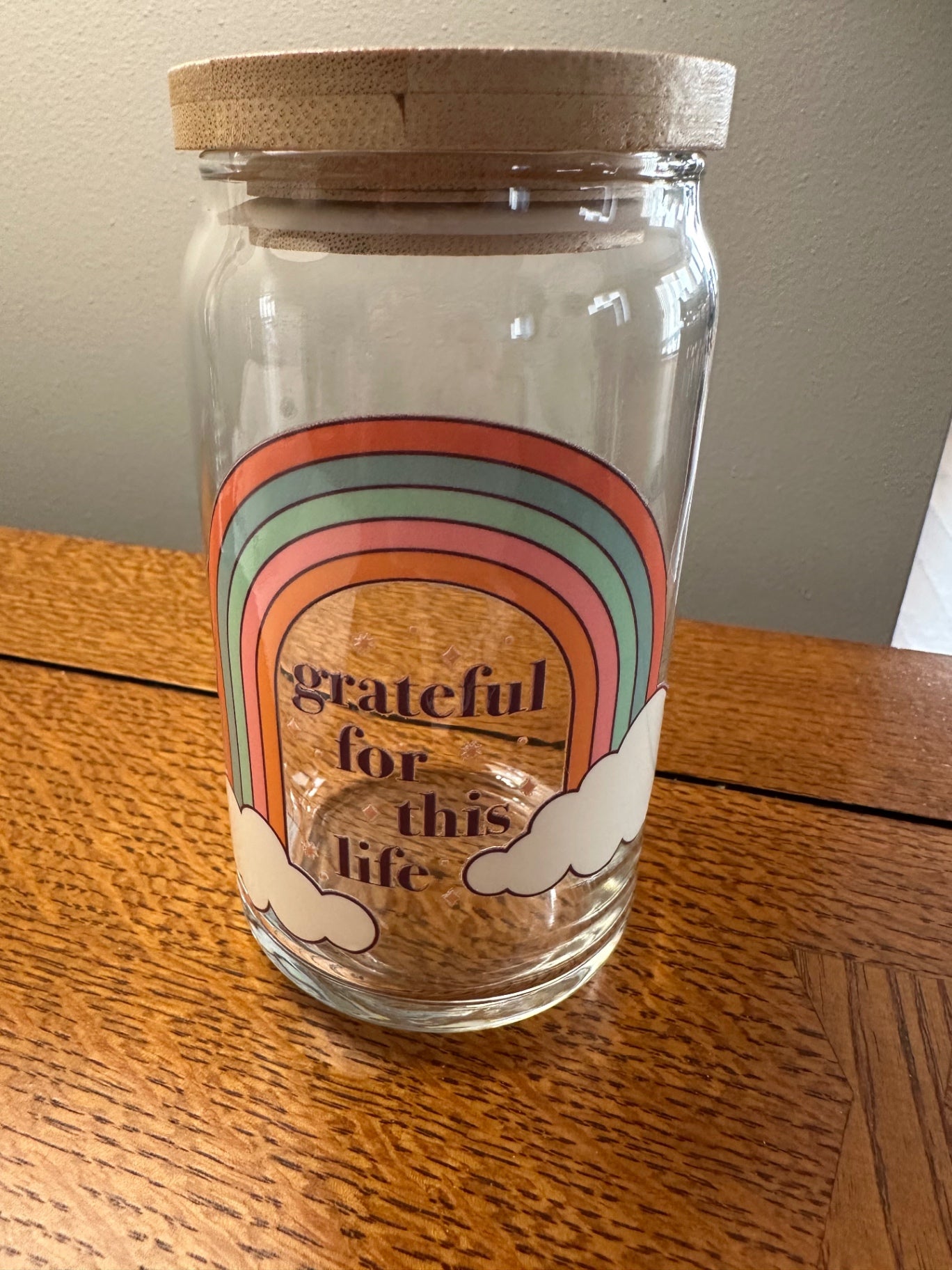 059 - 'Grateful for this Life' 16oz Glass Can Cup with Straw