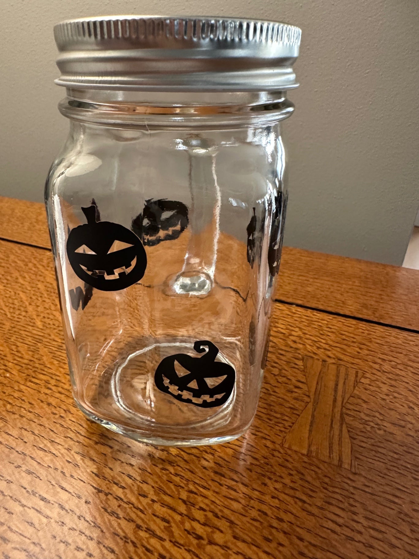 059 - Pumpkin Themed Glass Mason Jar Mug