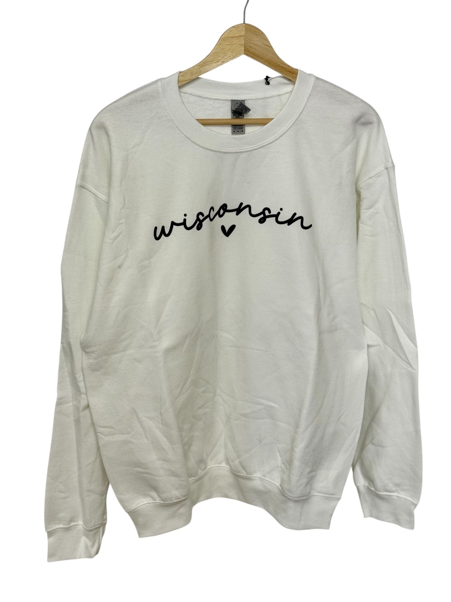 White sweatshirt with 'wisconsin' text on a hanger against a white background