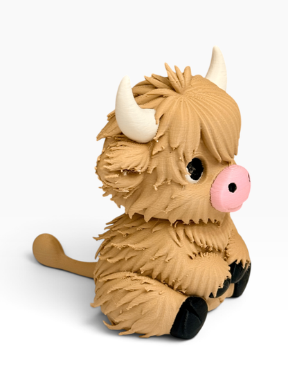 A cute, 3d printed brown Highland cow with white horns, a pink snout, and black hooves, photographed on a clean white background.