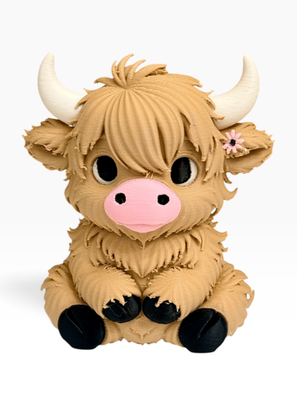 A cute, 3d printed Highland cow with shaggy tan fur, large black eyes, a pink snout, white horns, and black hooves, sitting against a plain white background.