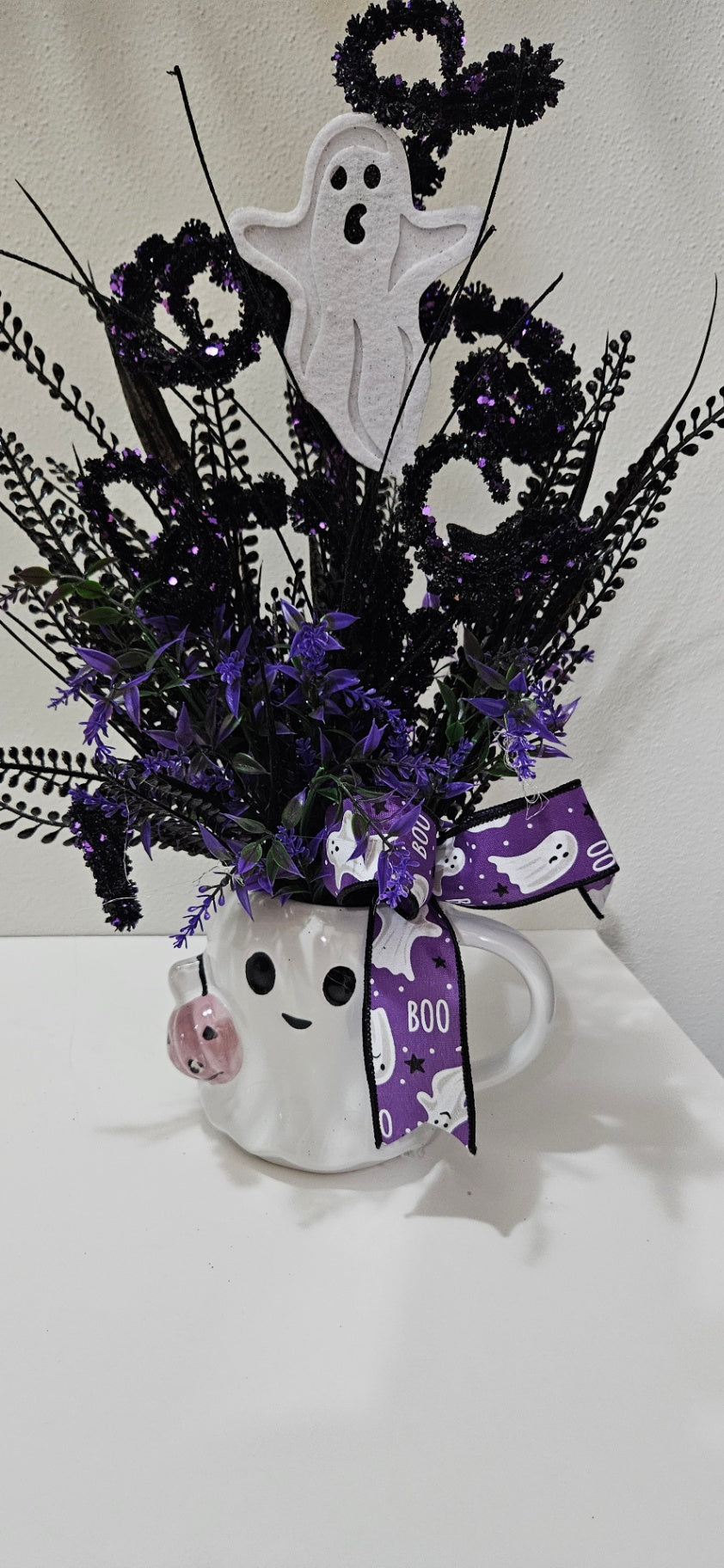 054 - Girlie Purple Glitter Ghost Mug Floral Arrangement