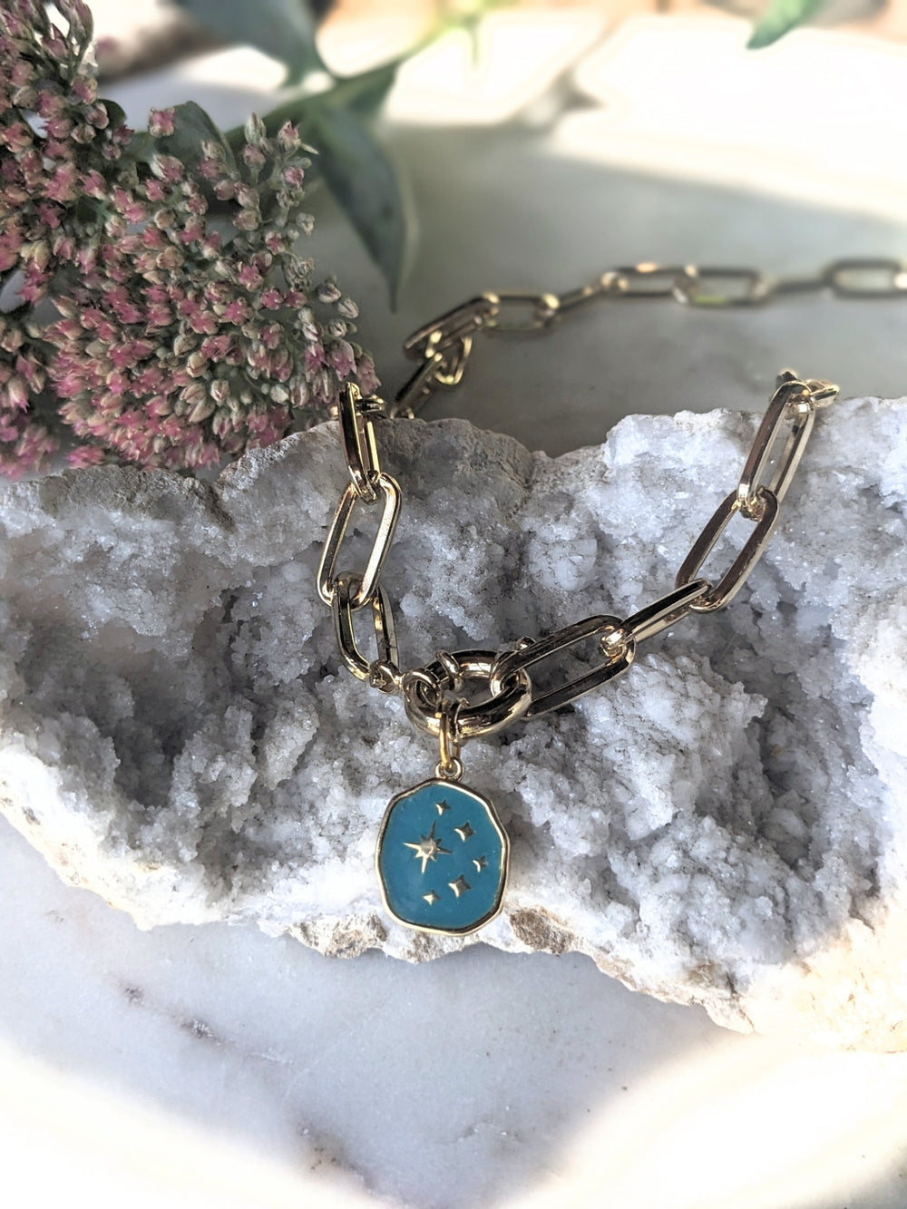 072 - Chunky Chain Enameled Charm Necklace with Front Toggle Clasp – Statement Layering Jewelry