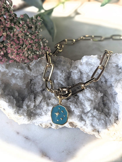 072 - Chunky Chain Enameled Charm Necklace with Front Toggle Clasp – Statement Layering Jewelry