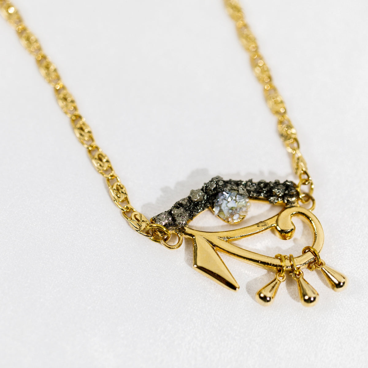 072 - Mother of Pearl Evil Eye Necklace, Gold Pyrite Protection Pendant