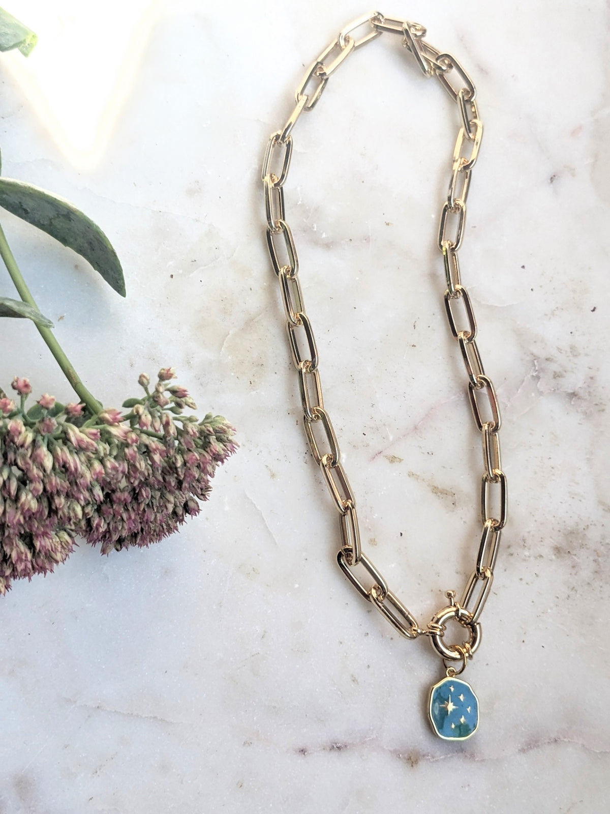 072 - Chunky Chain Enameled Charm Necklace with Front Toggle Clasp – Statement Layering Jewelry