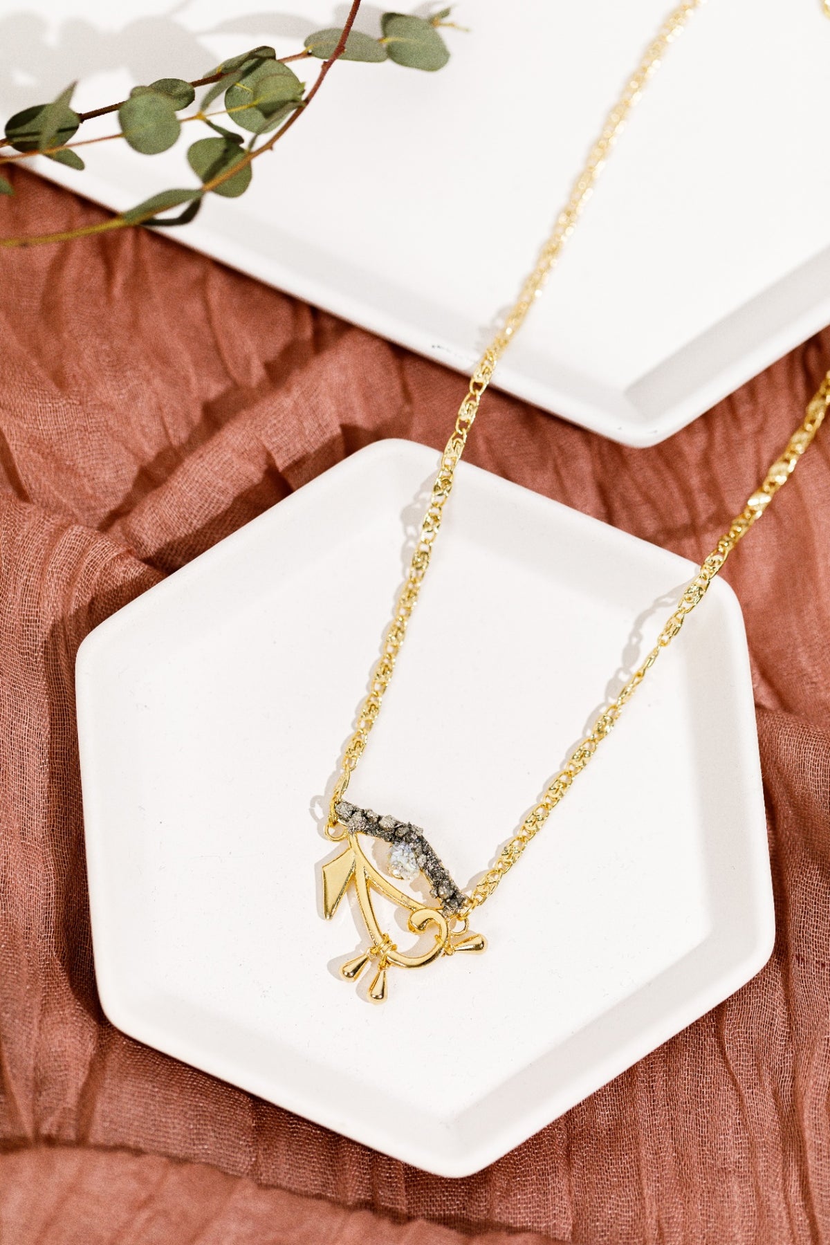 072 - Mother of Pearl Evil Eye Necklace, Gold Pyrite Protection Pendant