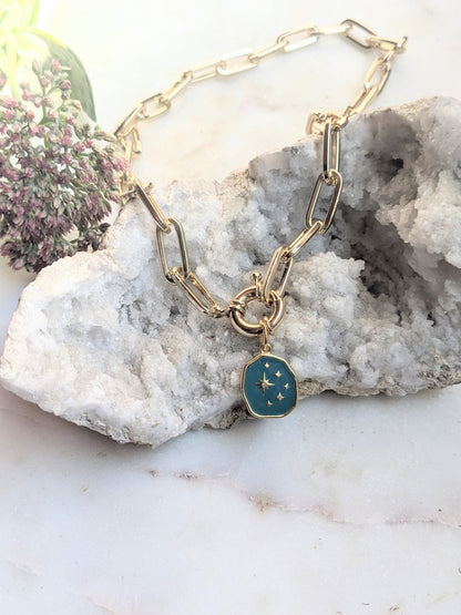 072 - Chunky Chain Enameled Charm Necklace with Front Toggle Clasp – Statement Layering Jewelry