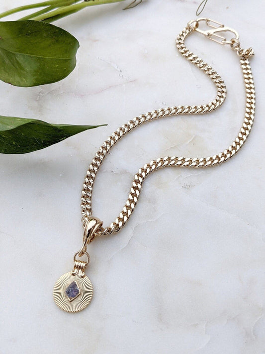 072 - Statement Chunky Chain Necklace with Striking Tanzanite Crystal Pendant