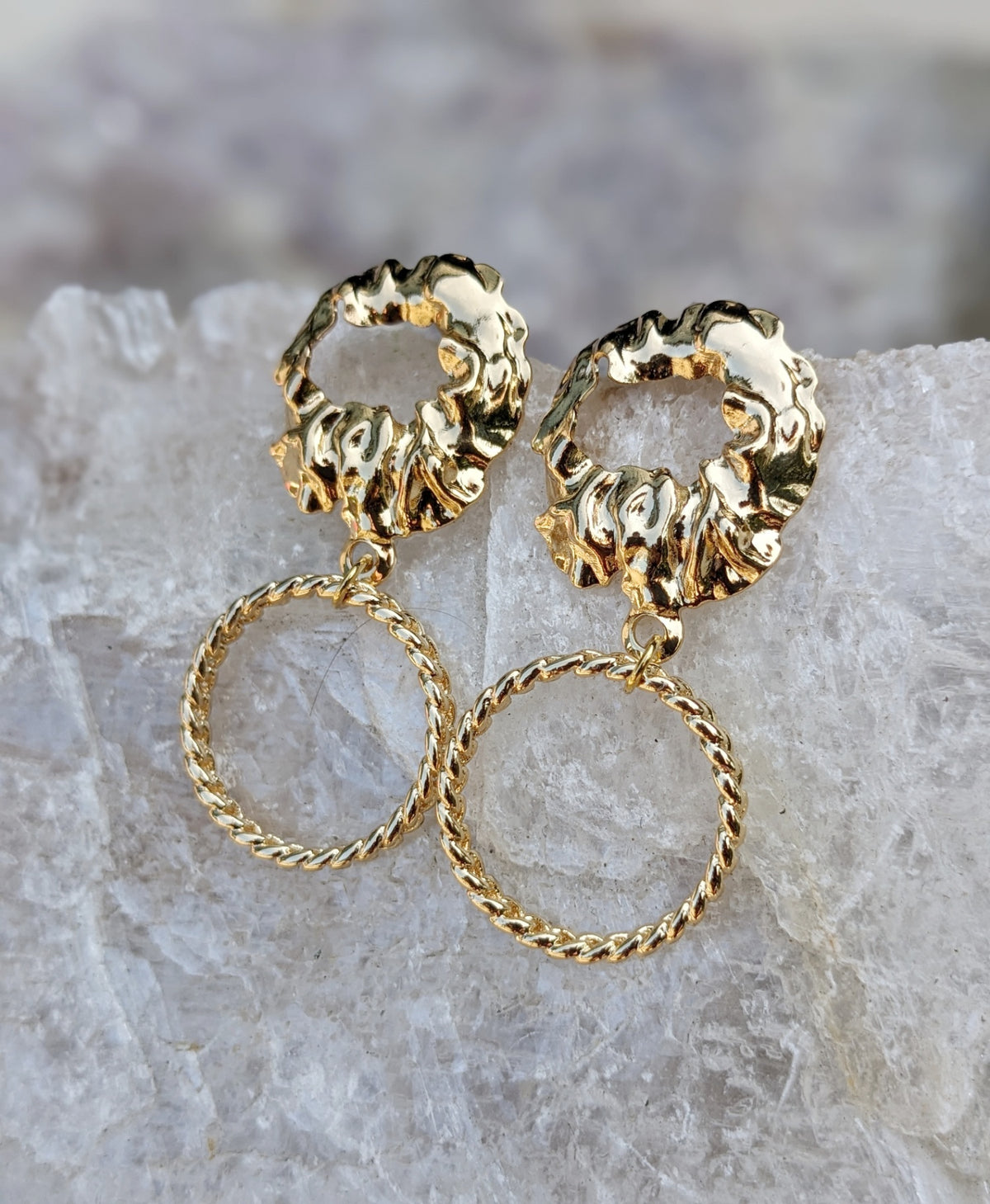 072 - Chic Textured Hoops : Gleaming 14k Gold Plated Earrings