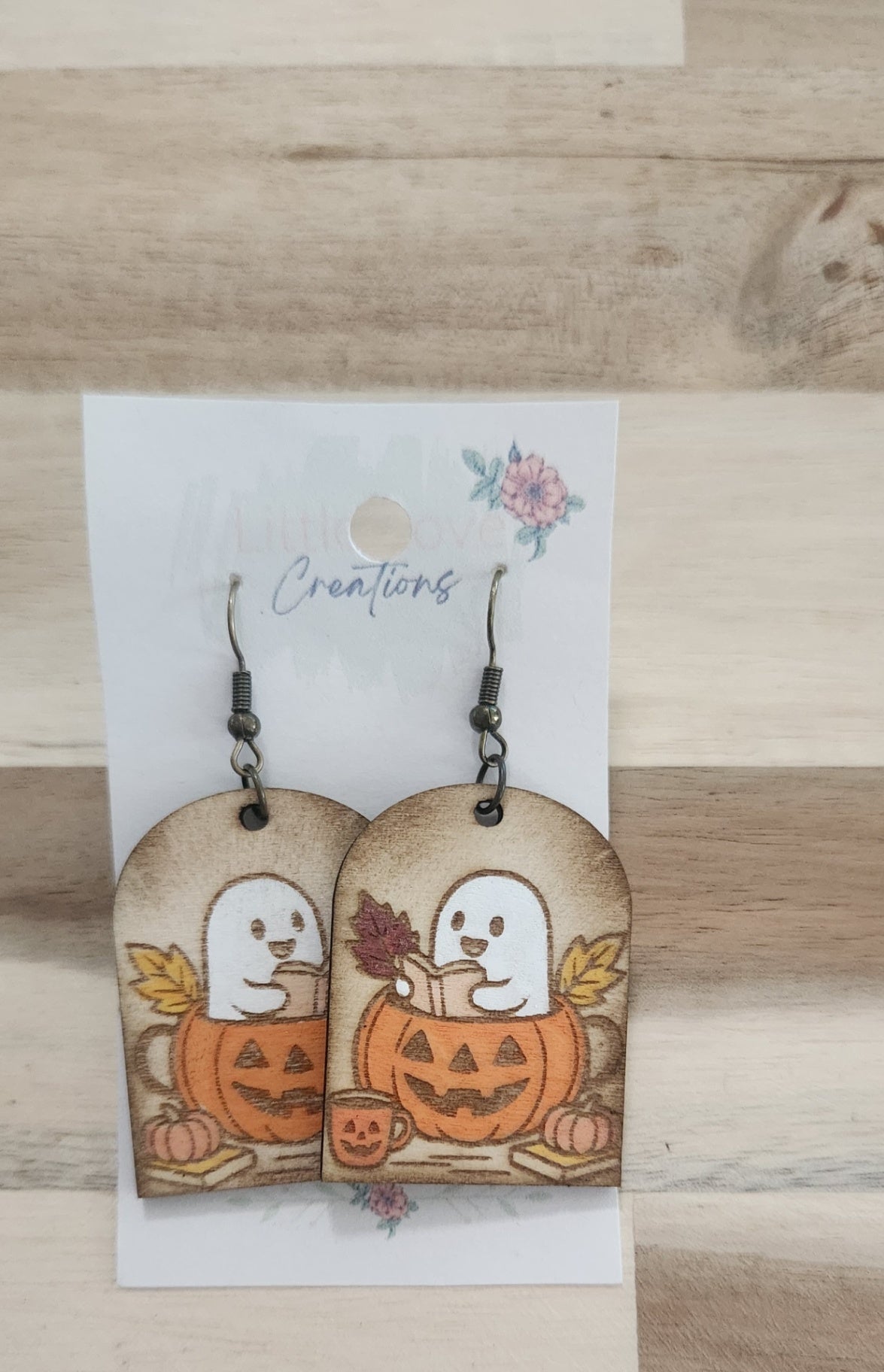 011 - Hand-painted Wooden Ghost Pumpkin Dangle Earrings