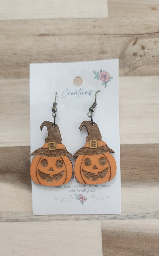 011 - Hand-painted Wooden Pumpkin Witch Dangle Earrings