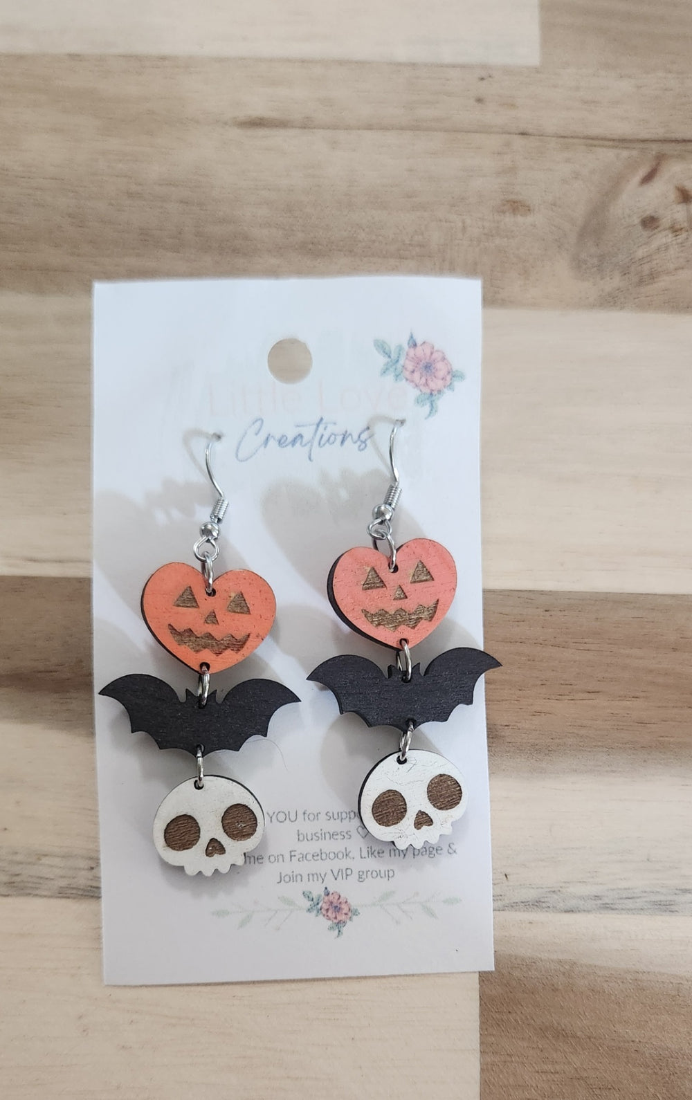 011 - Hand-painted Wooden Pumpkin Bat Skull Stacked Dangle Earrings