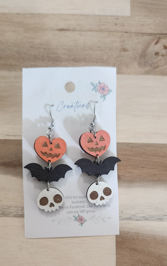 011 - Hand-painted Wooden Pumpkin Bat Skull Stacked Dangle Earrings