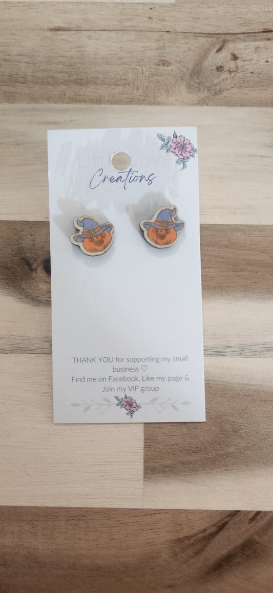 011 - Wooden Witchy Pumpkin Stud Earrings