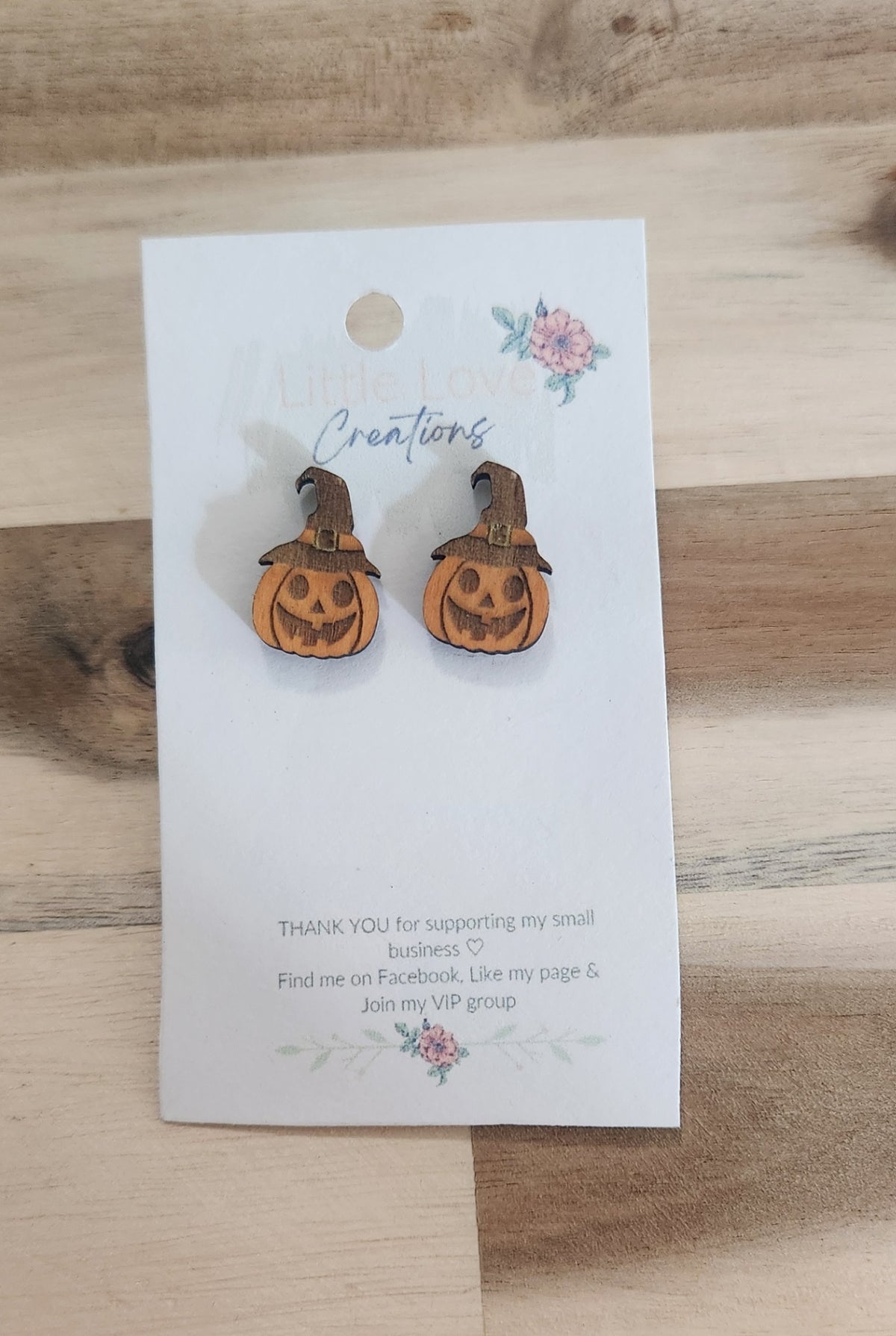 011 - Wooden Jack O lantern Witch Stud Earrings