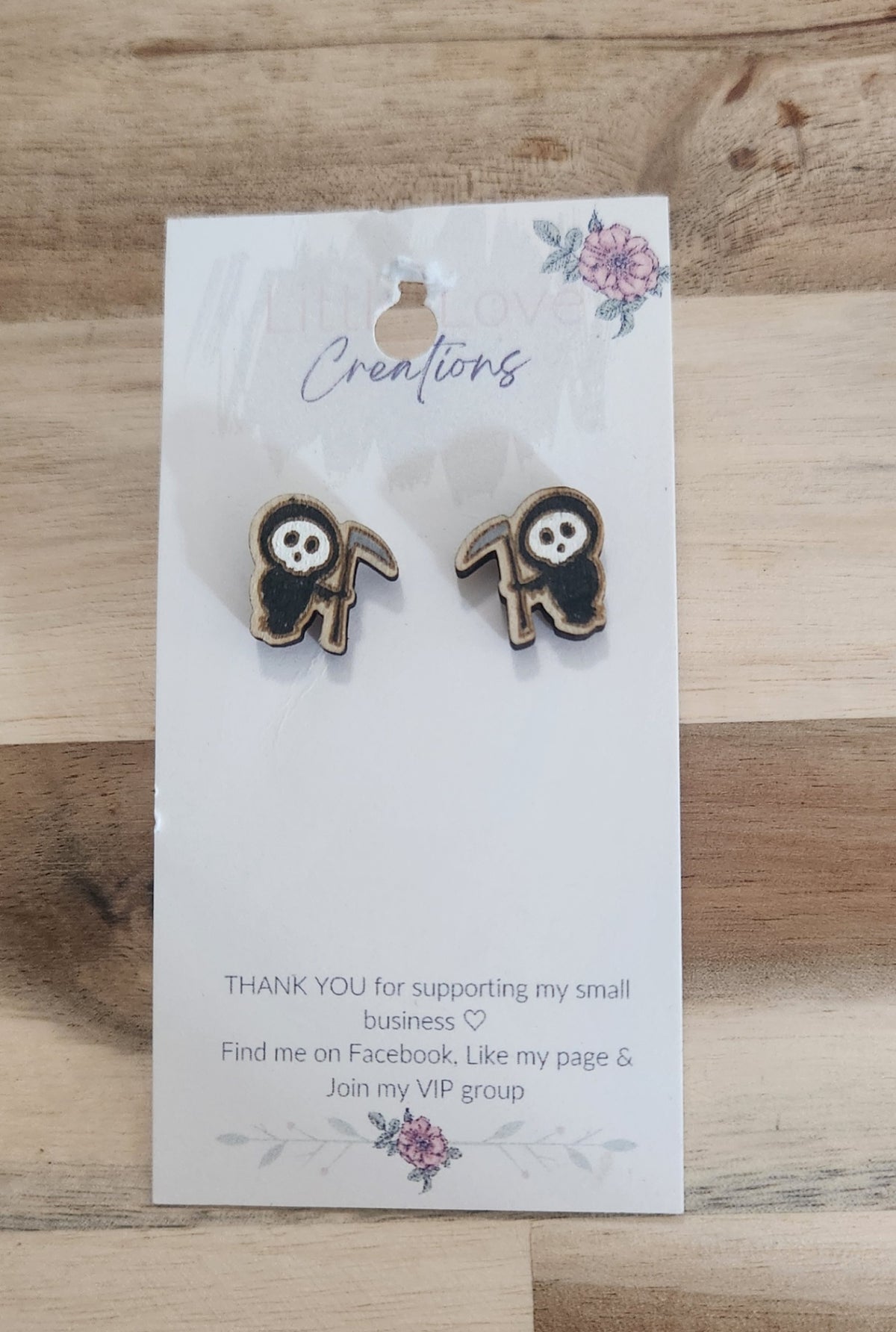 011 - Hand-painted Wooden Grim Reaper Stud Earrings