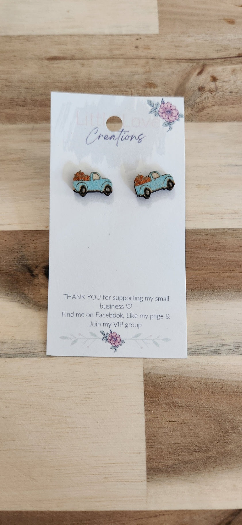011 - Blue Fall Truck Wooden Stud Earrings