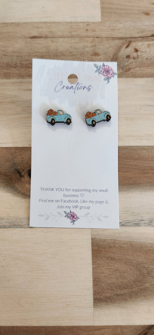 011 - Blue Fall Truck Wooden Stud Earrings
