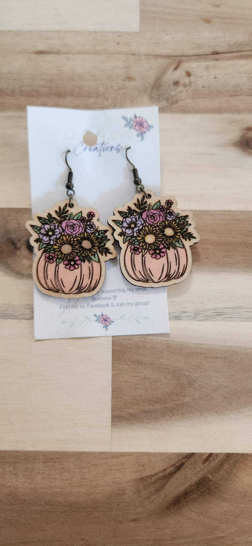011 - Hand-painted Wooden Floral Pumpkin Dangle Earrings