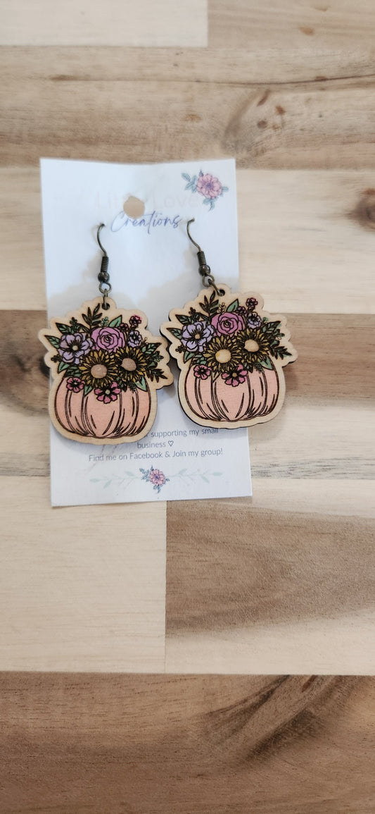 011 - Hand-painted Wooden Floral Pumpkin Dangle Earrings