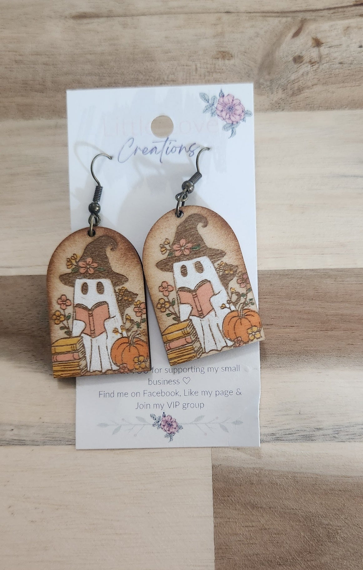 011 - Hand-painted Wooden Ghost Reading Dangle Earrings