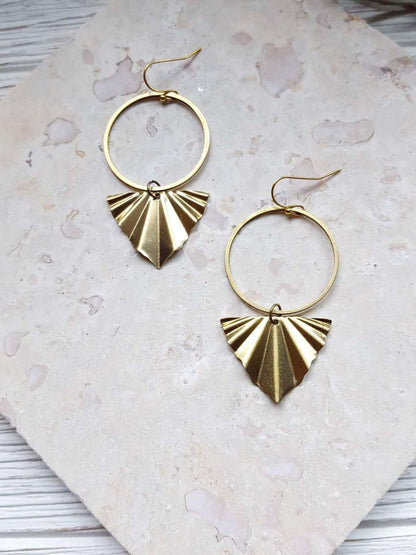 072 - Textured Leaf Hoop Earrings, Brass Gold Nature Jewelry, Lightweight Fall Statement