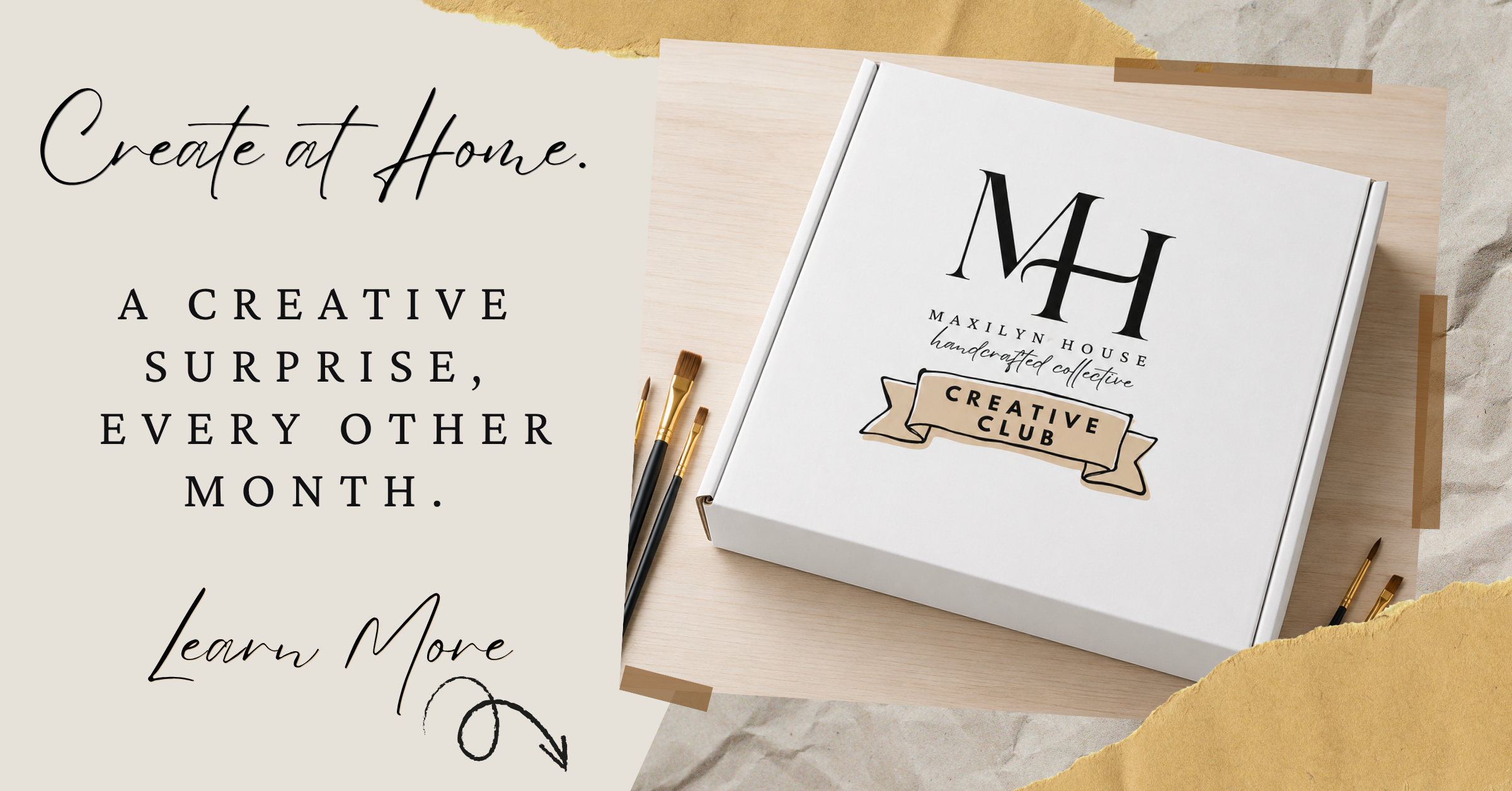 A white subscription box labeled 'Manilyn House Creative Club' with gold accents, placed on a light wood surface with paintbrushes. The left side has promotional text reading 'Create at Home.