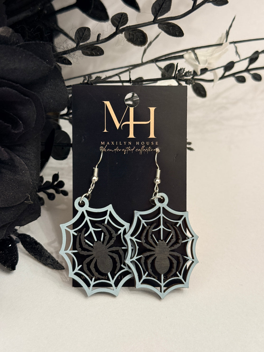 Spiderweb Wooden Dangle Earrings | Black and Gray