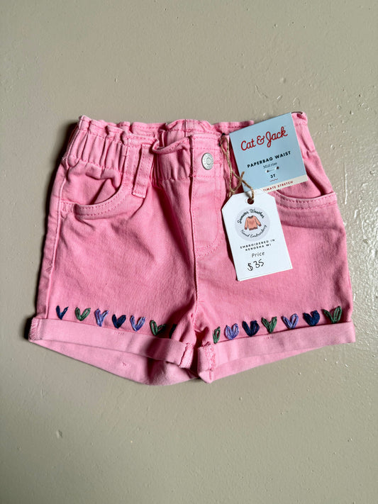 Pink Floral Embroidered Denim Short 3T