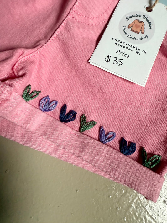 Pink Floral Embroidered Denim Short 3T