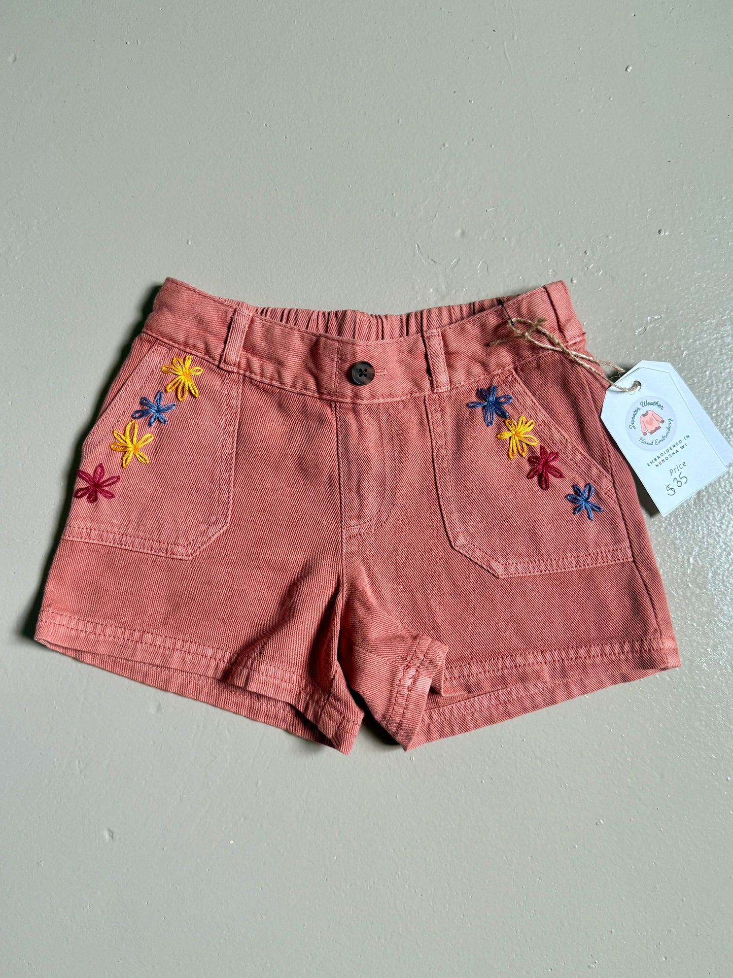 033 - Coral Floral Embroidered Denim Shorts 5T