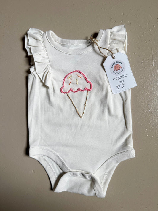White Embroidered Ice Cream Cone Ruffled Sleeve Onesie 0-3 Months